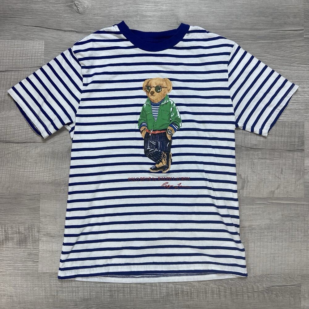 Ralph Lauren Boys Blue White Striped Cotton Polo Bear T-Shirt Youth M 10-12